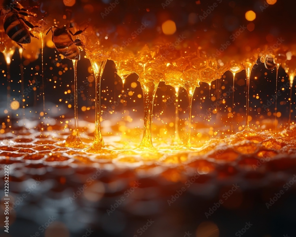 Poster swarm of bees forming a hive with dripping golden honey and intricate glowing comb structures