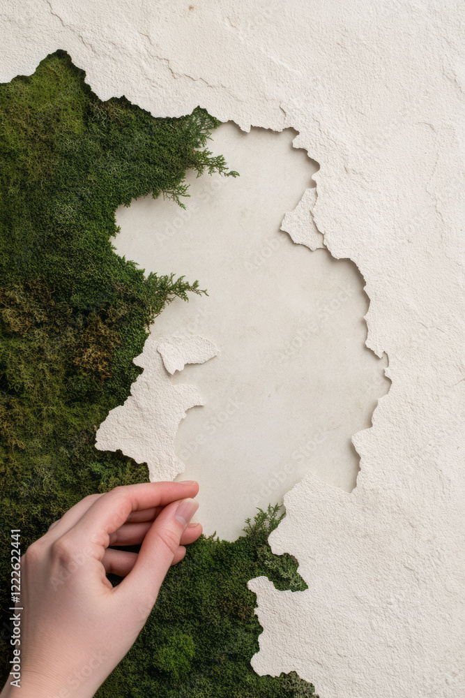 Poster a hand pulling back an edge of moss to highlight distinct layers: a beige backing and a pristine whi