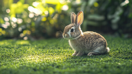 Obraz premium bunny easter brown rabbits, cute baby rabbit on green garden nature background. The Easter brown hares. Close - up of a rabbit. Symbol of easter festival animal.