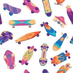 Skateboards pattern. aggressive colorful design of skateboards and longboards for extreme urban riders. vector seamless background