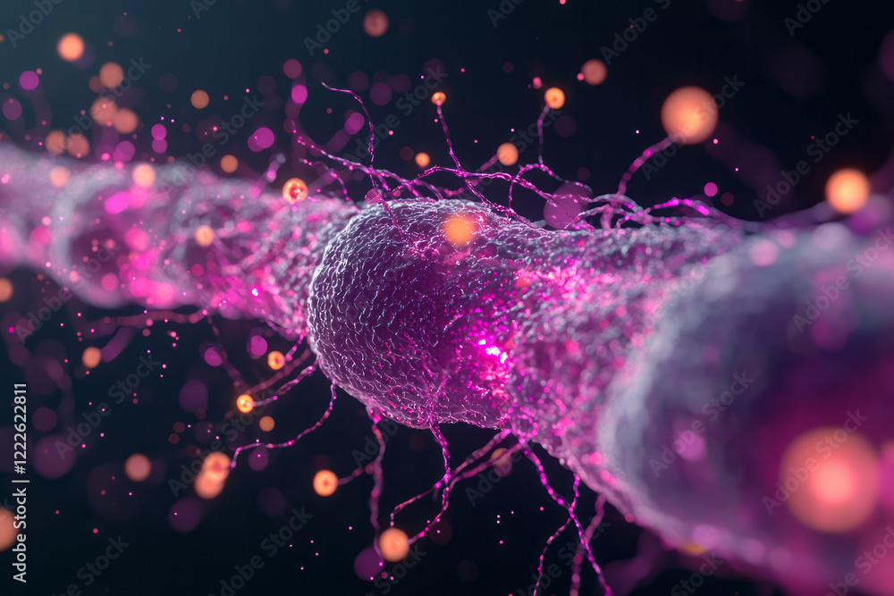 Poster A stylized 3D depiction of neuronal communication, with glowing neurotransmitters traveling from one