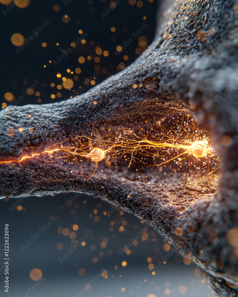 Poster A transparent layered 3D diagram of a synapse, revealing internal vesicles, synaptic cleft, and the