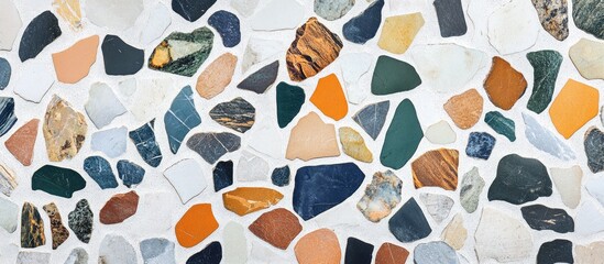 Terrazzo mosaic floor with a blend of orange, green, white, and brown stones on a light background creating a vibrant decorative element.
