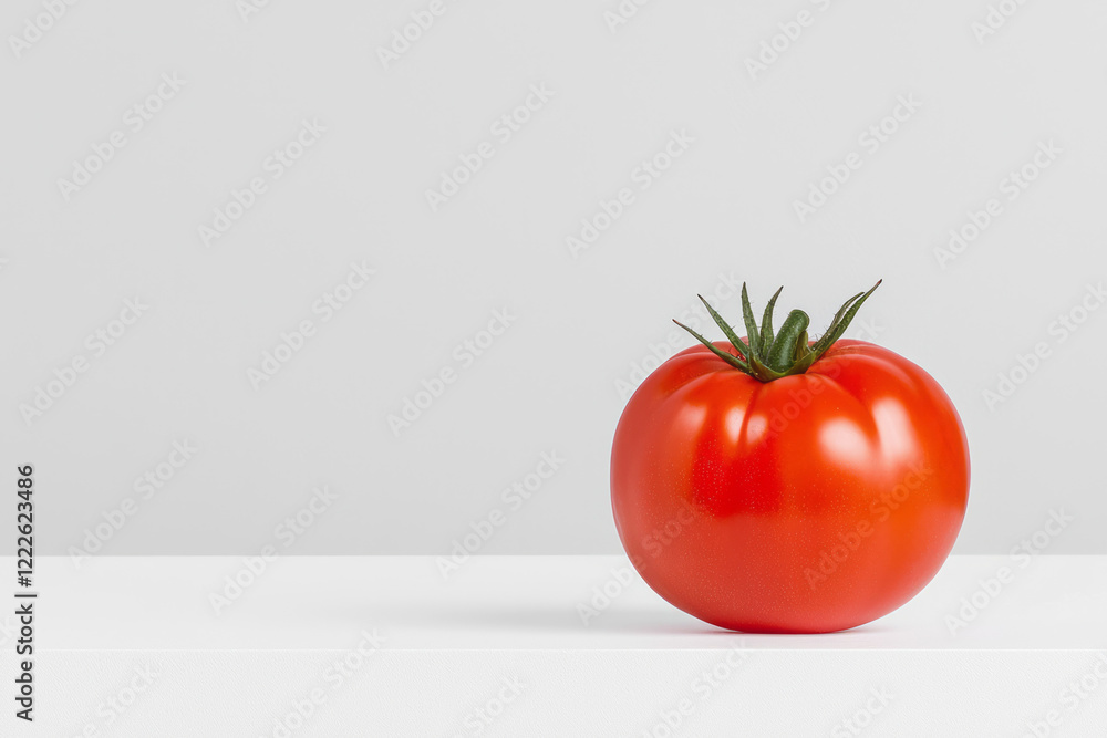 Poster a minimalist composition featuring a single heirloom tomato with deep red shades, reflecting elegant