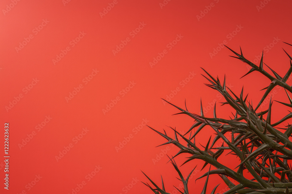 Poster An artistic array of coiling green thorny stems set against a dramatic red gradient background, high