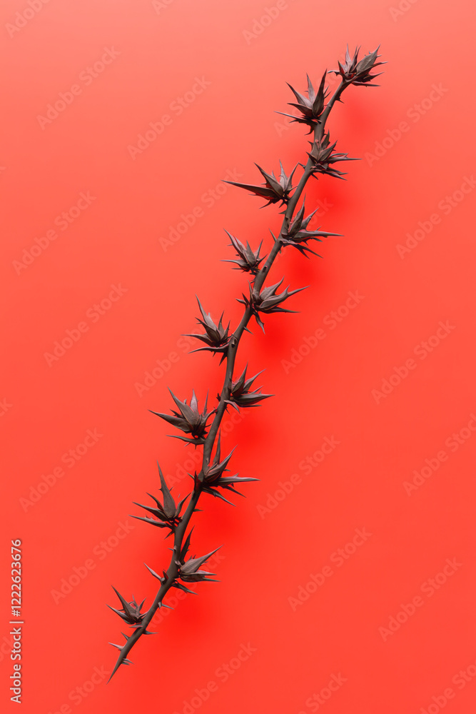 Aufkleber A dynamic composition featuring intertwined, sharp-spiked vines in a vivid green hue on a bold crims