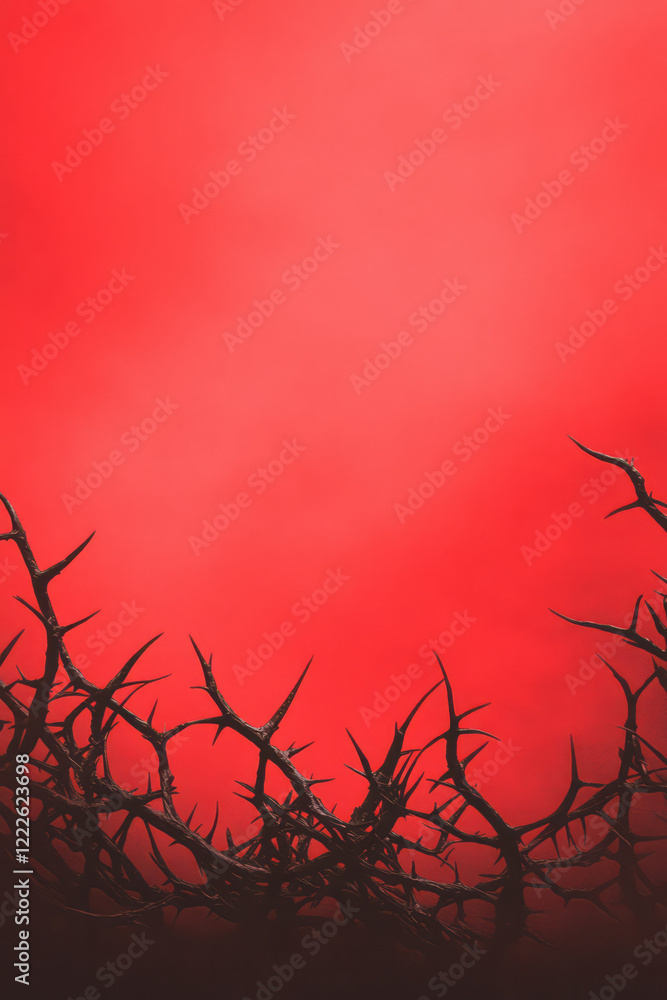 Poster a dynamic composition featuring intertwined, sharp-spiked vines in a vivid green hue on a bold crims