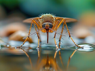 Fototapeta premium Dramatic Mosquito Hovering Over Shimmering Pond with Reflections and Contrasting Lighting