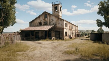 Rustic abandoned barn with watchtower, weathered wood, overgrown landscape.
