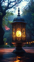 Naklejka premium Ornate Metal Lantern Glowing In Misty Garden At Night