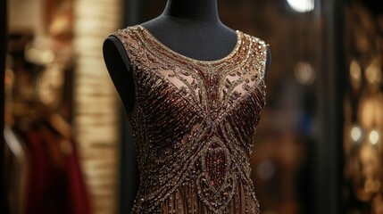 Obraz premium A 1920s flapper dress with intricate beadwork displayed on a mannequin