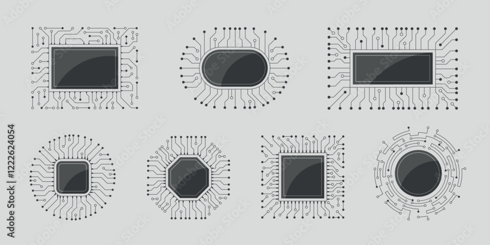 Poster electronic chip frame. digital stylized cpu borders recent vector computer processors place