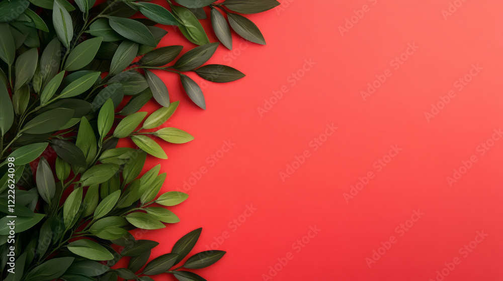 Fototapete a vivid pattern of intersecting, sharp green stems arranged on a strong red gradient, highlighting t