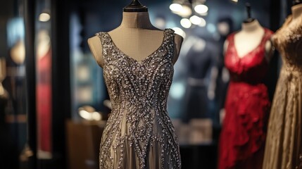 Obraz premium A 1920s flapper dress with intricate beadwork displayed on a mannequin