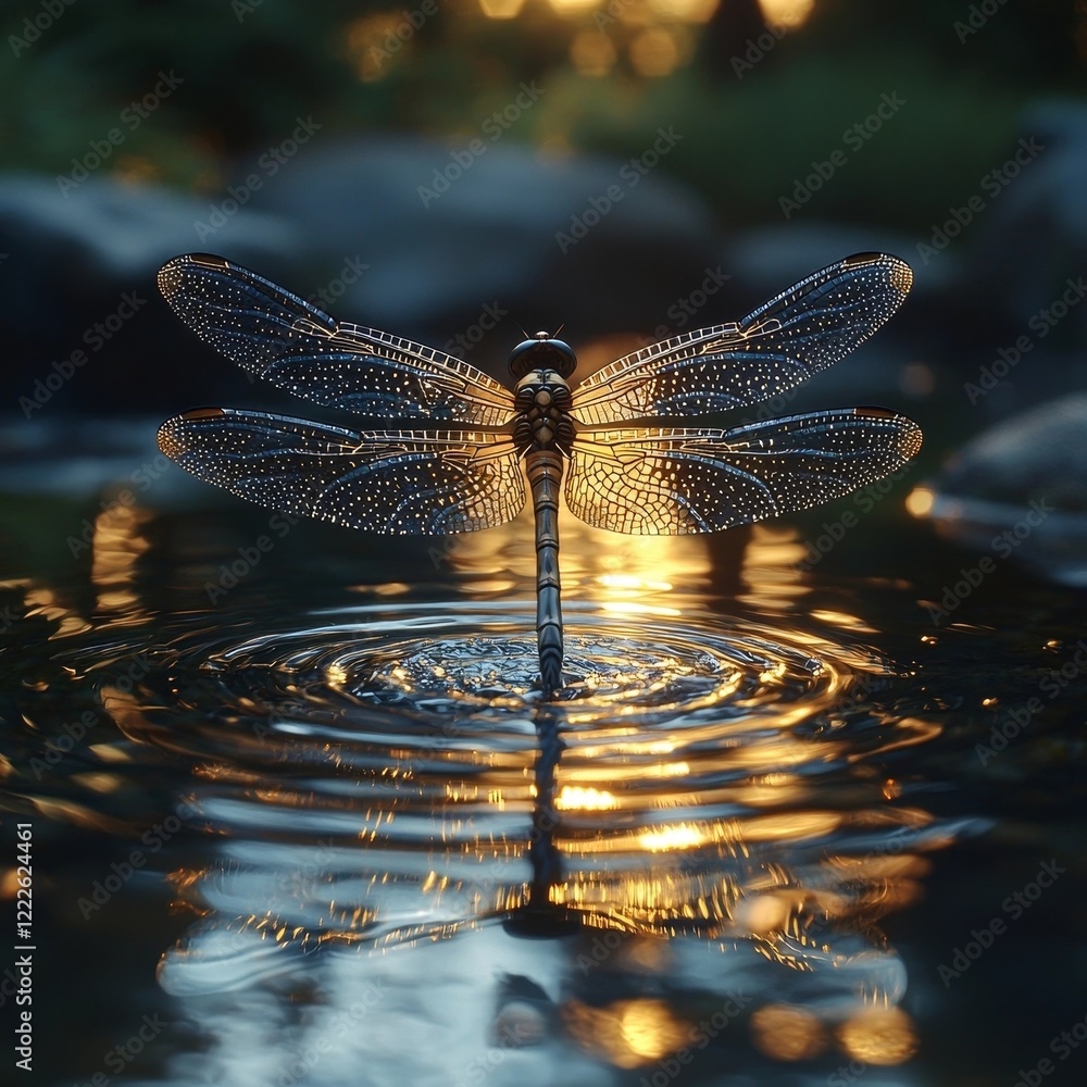 Poster iridescent dragonfly hovering over tranquil pond at dusk with soft reflective ripples