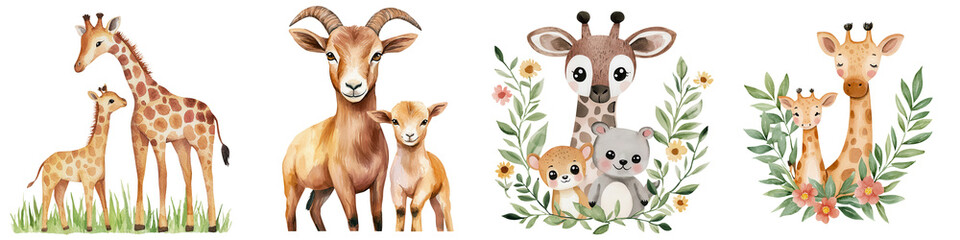 Fototapeta premium Cute baby animals with their mothers in watercolor style, perfect for children decor, isolated on transparent background.