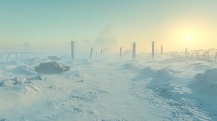 Icy Battlefield with Tanks in a Frozen Landscape During Sunset