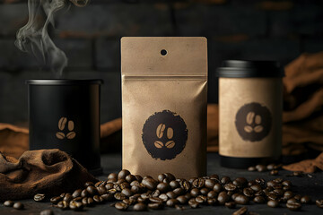 Coffee bean packaging mockup displayed with earthy tones and a rustic vibe, ideal for artisanal coffee brands or gourmet packaging.
