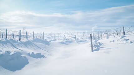 Frozen Battlefield with Tanks Amidst Snow and Barbed Wire Landscape
