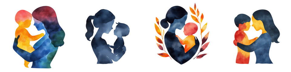 Mother and child silhouettes in watercolor style, expressing love and connection, isolated on transparent background.
