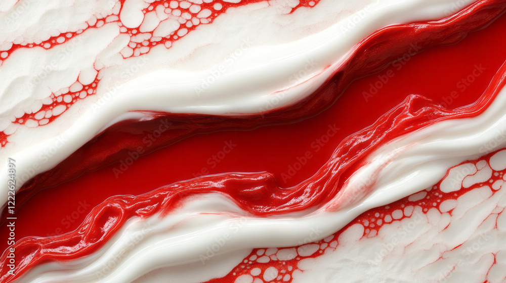 Aufkleber An abstract composition featuring deep red fluid flowing in thin rivulets across a textured, white,