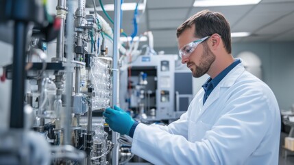A chemical process engineer designing biodegradable polymers for packaging materials in a research laboratory, with polymer synthesis reactors and biopolymer samples visible