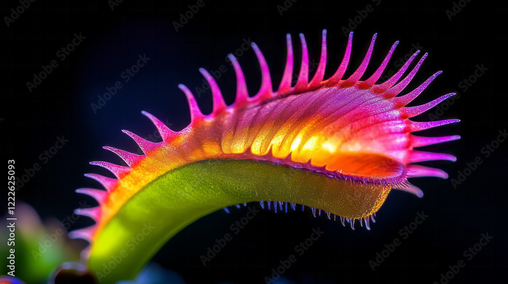 Poster a crisp, saturated capture of a venus flytrapâ€™s open jaws, showcasing the spinesâ€™ sharpness and