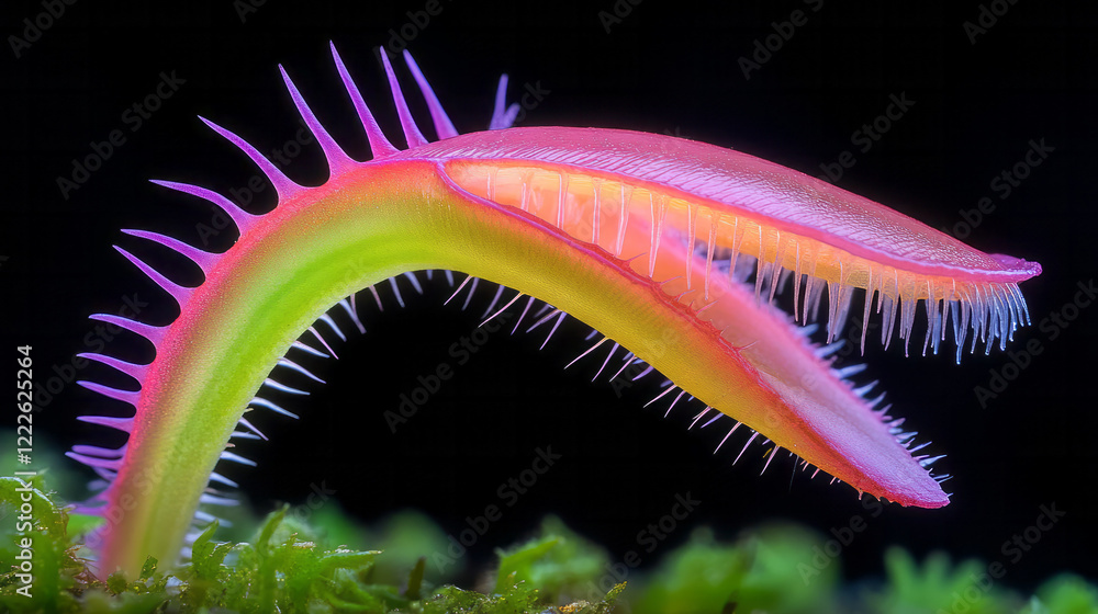 Poster a crisp, saturated capture of a venus flytrapâ€™s open jaws, showcasing the spinesâ€™ sharpness and