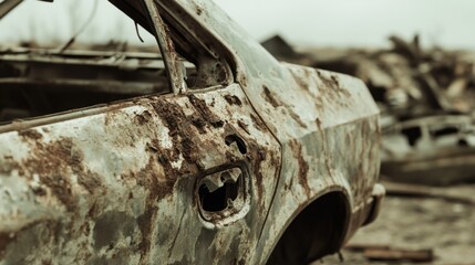 Rusty, wrecked car, post-disaster scene; close-up detail of damage, destruction, debris.