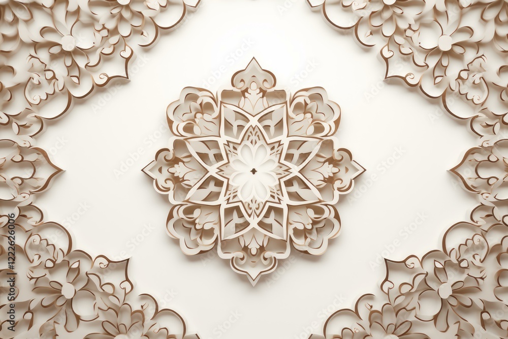 Poster white and gold paper creating a beautiful mandala with intricate floral patterns, ideal for backgrou