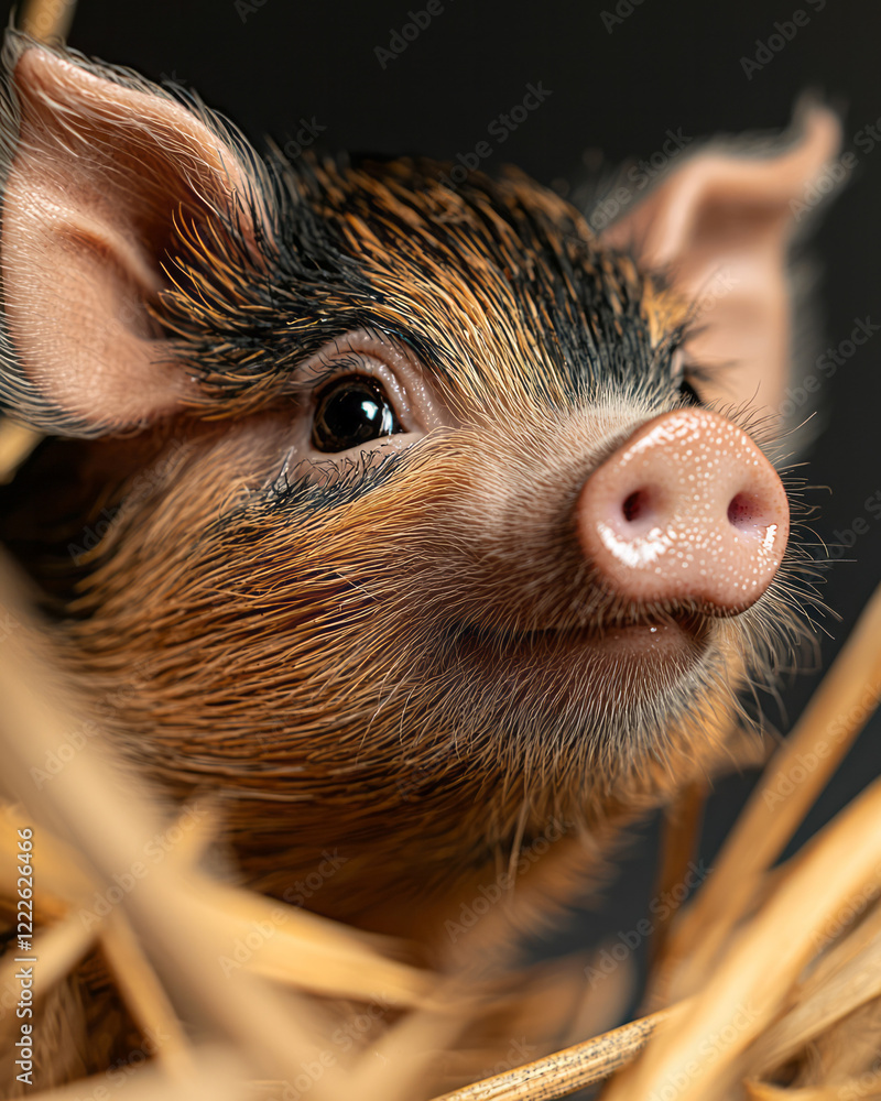 Poster a detailed close-up of a miniature pig's face with expressive eyes and a friendly smile, capturing i