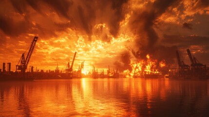 Obraz premium Collapsed Cranes at Port During Dramatic Sunset with Smoke and Fire