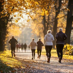 Obraz premium Group of elderly people jogging in autumn park at sunrise