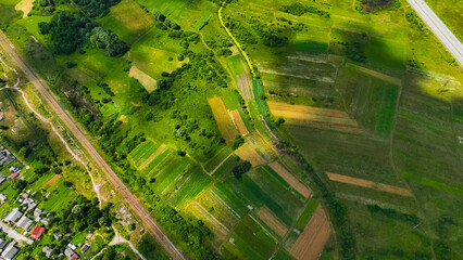 aerial outskirts agriculture field country side drone view from top landscape photography of high contrast and vivid color in spring day season time