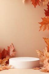 Central podium is adorned with lively maple leaves in shades of orange, red, and yellow, set against a soft gradient background perfect for branding or text overlay