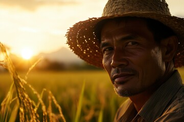 Fototapeta premium Cinematic farmer in rice field, focused on labor, soft rim light creating depth, immersive eye-level perspective highlights dedication.