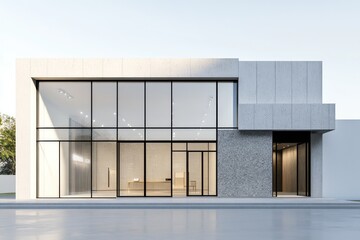 A minimalist retail building with large glass windows, concrete walls, and a polished stone entrance