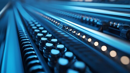 A close-up view of metallic tubes illuminated in blue, showcasing a sleek design with circular elements and a futuristic aesthetic.