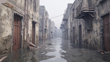 Flooded Alley Between Collapsed Buildings with Reflection in Water