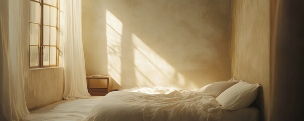 Sunlit minimalist bedroom with soft linen bedding and large window shadows