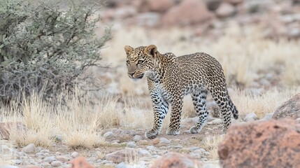 Obraz premium Young Leopard Walking in African Savanna Grassland
