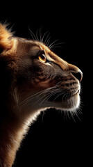 Naklejka premium Lion profile portrait with dramatic lighting on black background conveying strength and majesty in wildlife