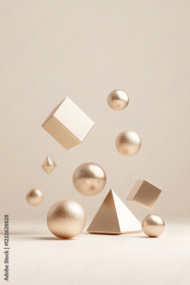 Poster a collection of floating cubes, spheres, and pyramids in glossy gold is arranged in a minimalist pat