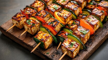Plant-based diet foods idea. Colorful grilled vegetable skewers with tofu on a wooden platter, perfect for meals.