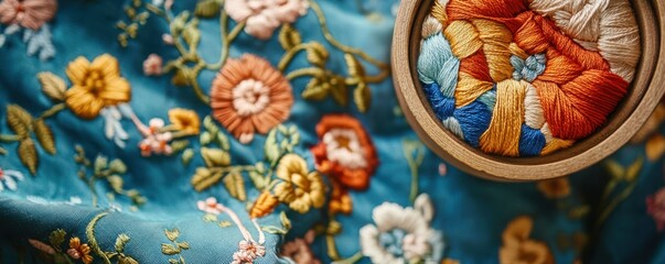 Colorful embroidery on blue fabric with floral patterns and threads in wooden hoop
