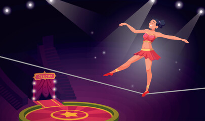 Circus performance. Acrobatic show on circus area exact vector cartoon background with athletic equilibrists show © ONYXprj
