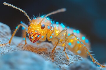 Glowing termite queen in underground colony bioluminescent light illuminates her enormous body and tiny workers
