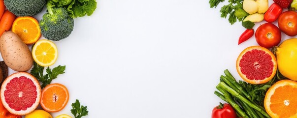 Diet plan foods idea. A vibrant assortment of fresh fruits and vegetables arranged on a white background.
