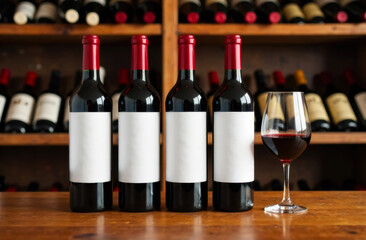 four bottles of red wine stand on the bar counter next to a glass of wine