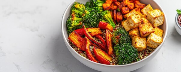 Plant-based diet foods idea. Healthy and colorful vegetable bowl with tofu, broccoli, and sweet potatoes.